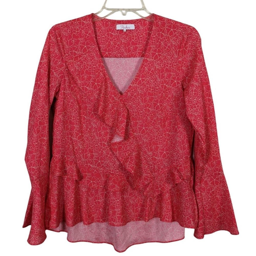 Parker high low bell sleeves ruffled floral pink white blouse size XS